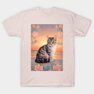 Floral Cat Pastel With Beautiful Sunset T-Shirt